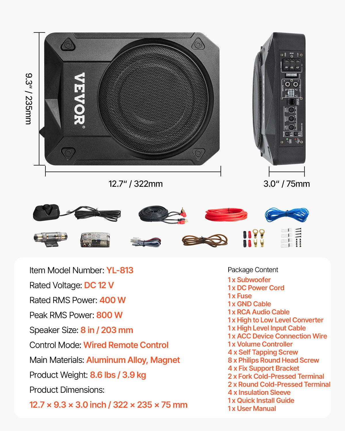 8" 800W Underseat Car Subwoofer, Slim Powered Car Subwoofers Under the Seat, Low Profile Audio Sub Built-in Amplifier, High/Low Level Input & Volume Controller for SUVs, Car, Truck, RV