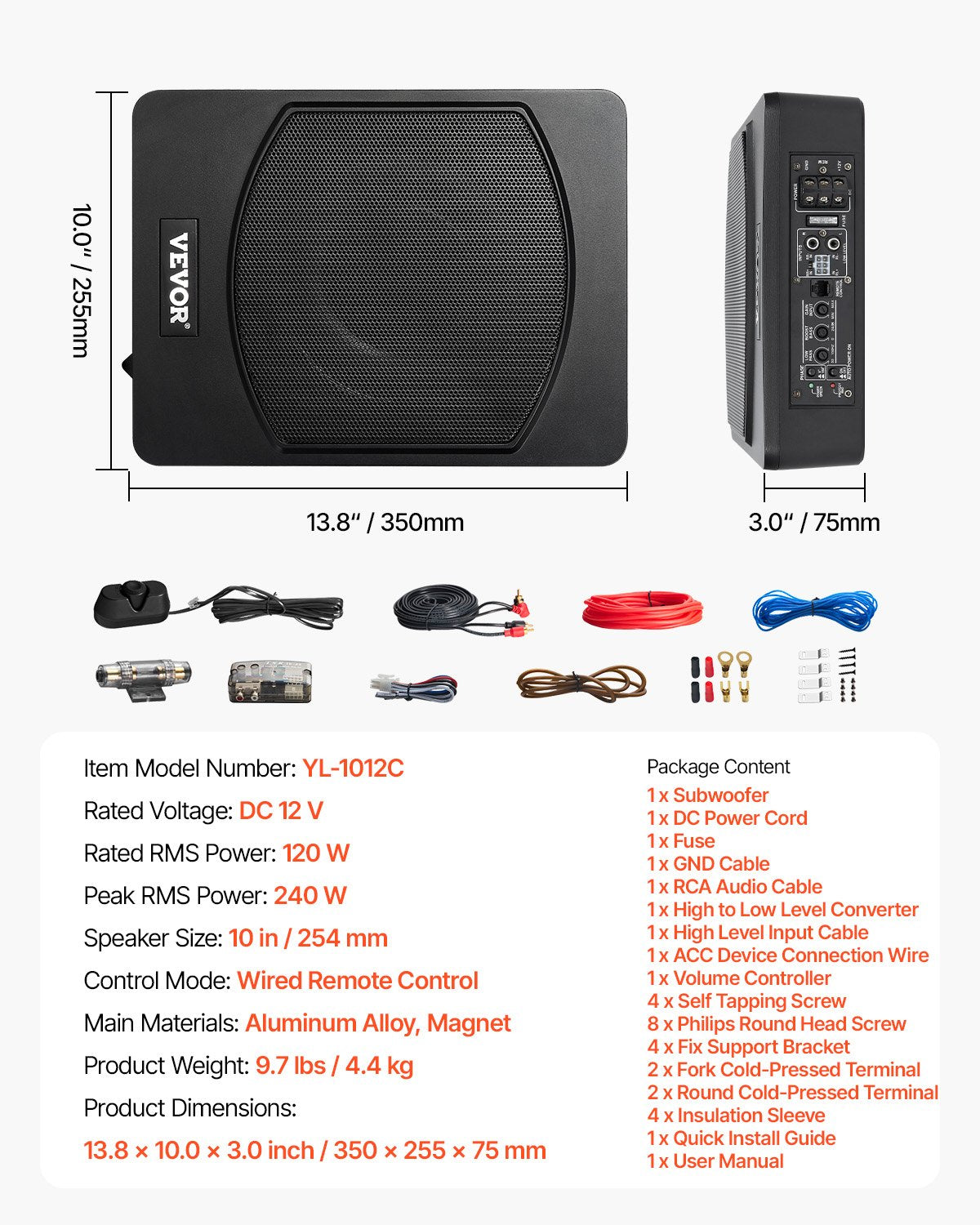 10" 240W Underseat Car Subwoofer, Slim Powered Car Subwoofers Under the Seat, Low Profile Audio Sub Built-in Amplifier, High/Low Level Input & Volume Controller for SUVs, Car, Truck, RV