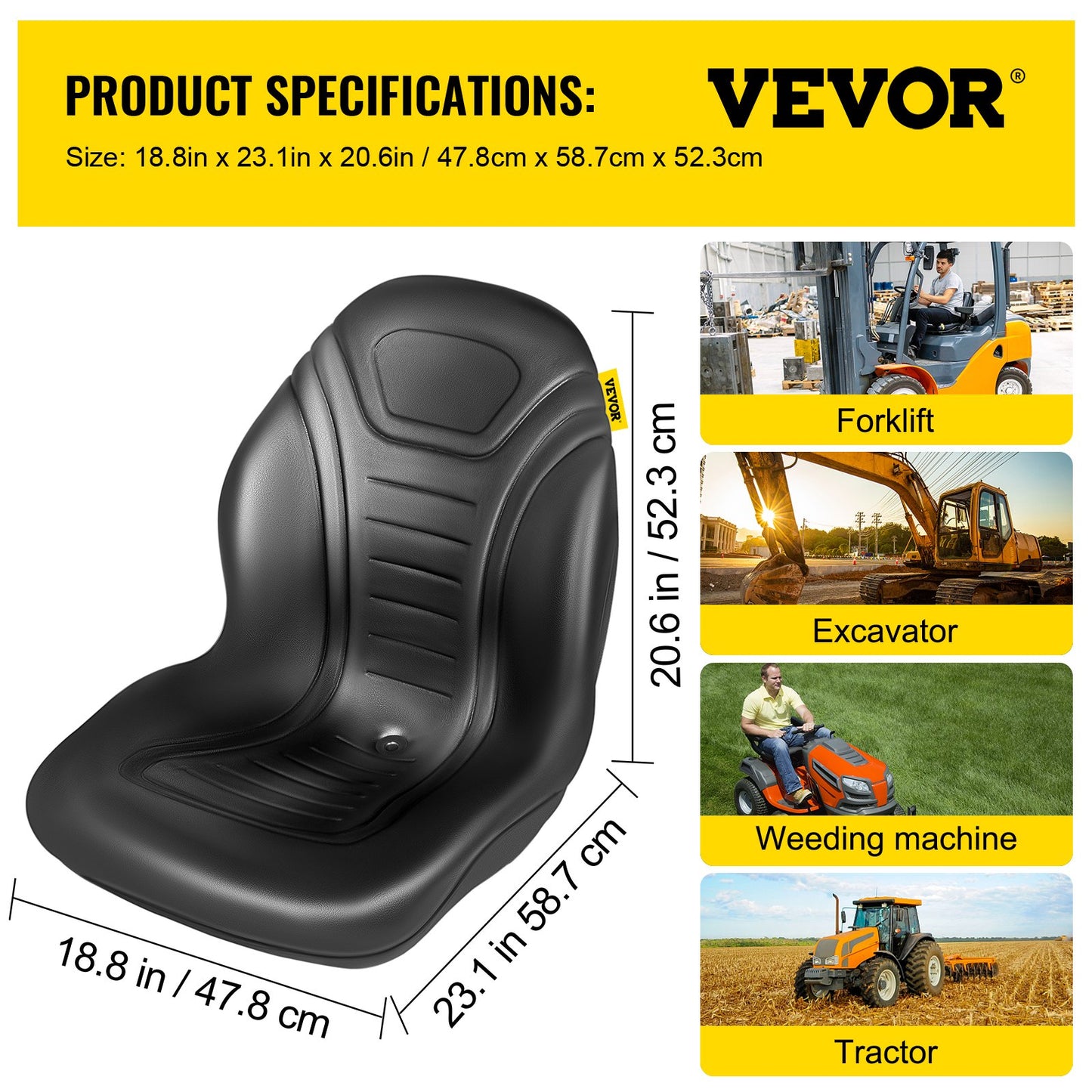 Universal Tractor Seat Replacement, Compact High Back Mower Seat Pair, Black Vinyl Forklift Seat, Central Drain Hole Skid Steer Seat with Mounting Bolt Patterns of 8" x 11.5" & 11.25" x 11.5"