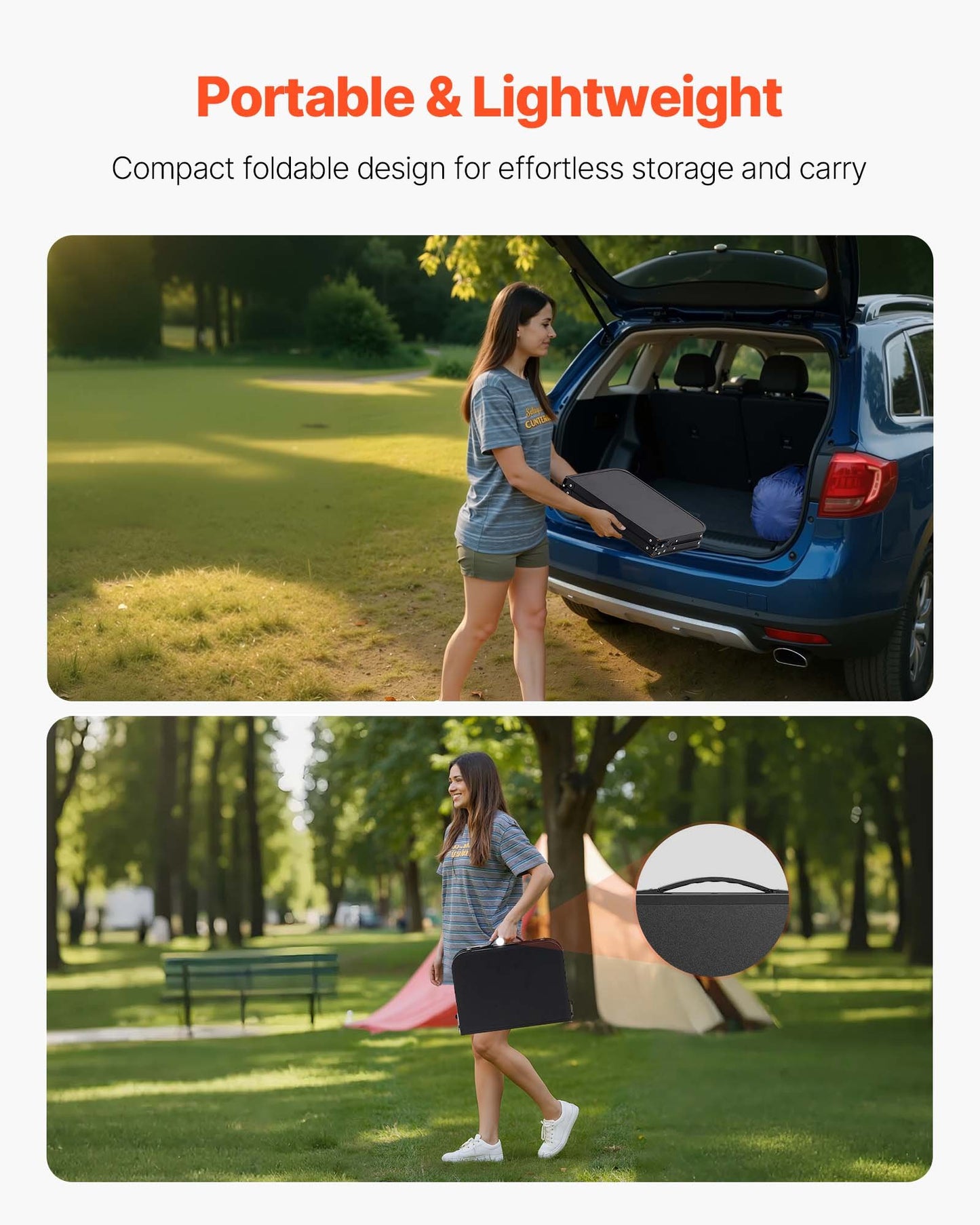 Hopfällbart campingbord, justerbara bärbara sidobord, strandbord i aluminium och MDF med nätlager, bärhandtag, lätt och kompakt för utomhuspicknick och grillmatlagning, 24x16 tum, svart