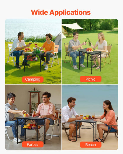 Hopfällbart campingbord, justerbara bärbara sidobord, strandbord i aluminium och MDF med nätlager, bärhandtag, lätt och kompakt för utomhuspicknick och grillmatlagning, 24x16 tum, svart