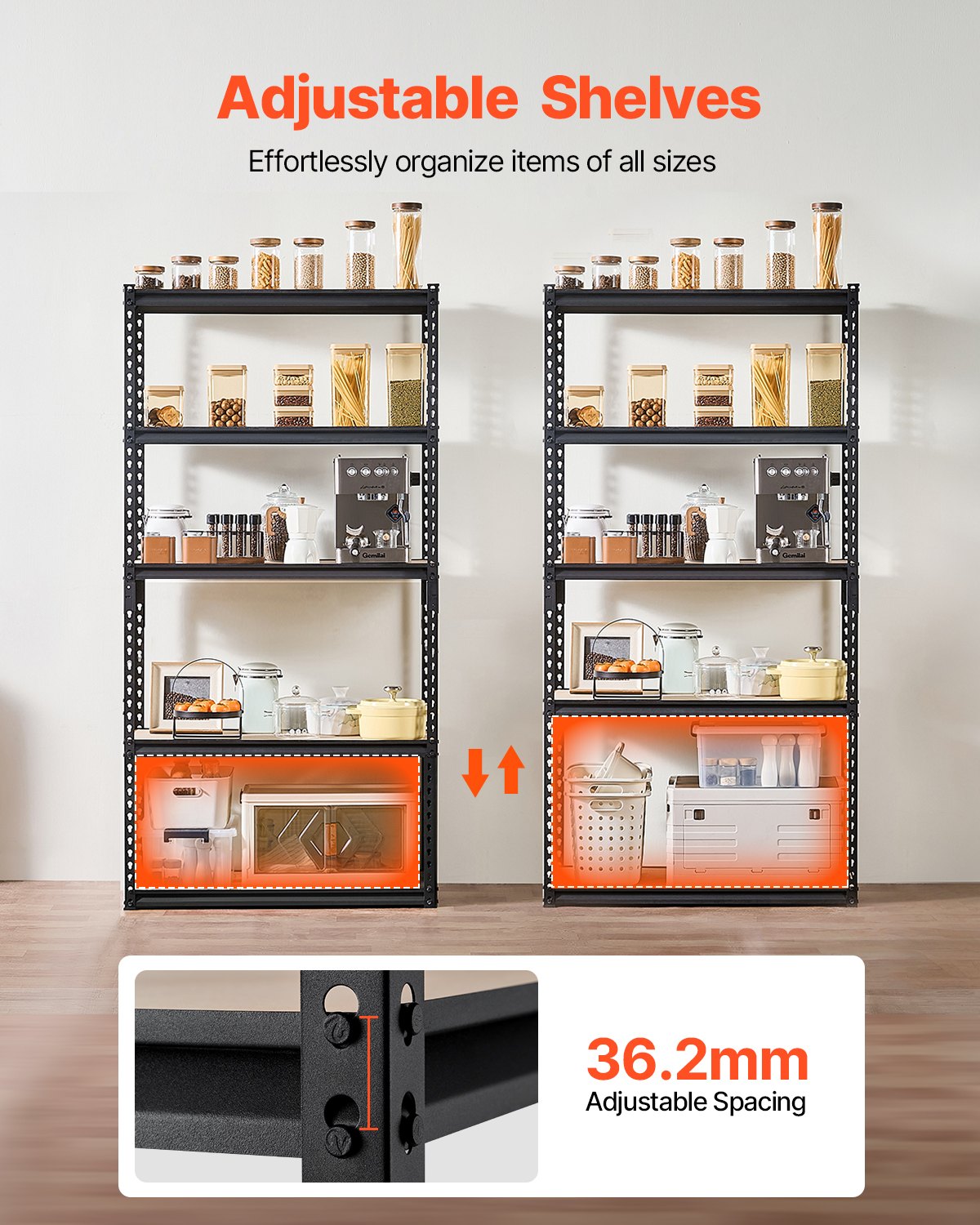 Förvaringshyllor, 900 kg, 5-vånings garageförvaringshylla, 40 cm D x 81 cm B x 18 cm H Justerbara metallhyllor för garagehyllor Verktygshylla, Perfekt för kök, lager, källare, Svart