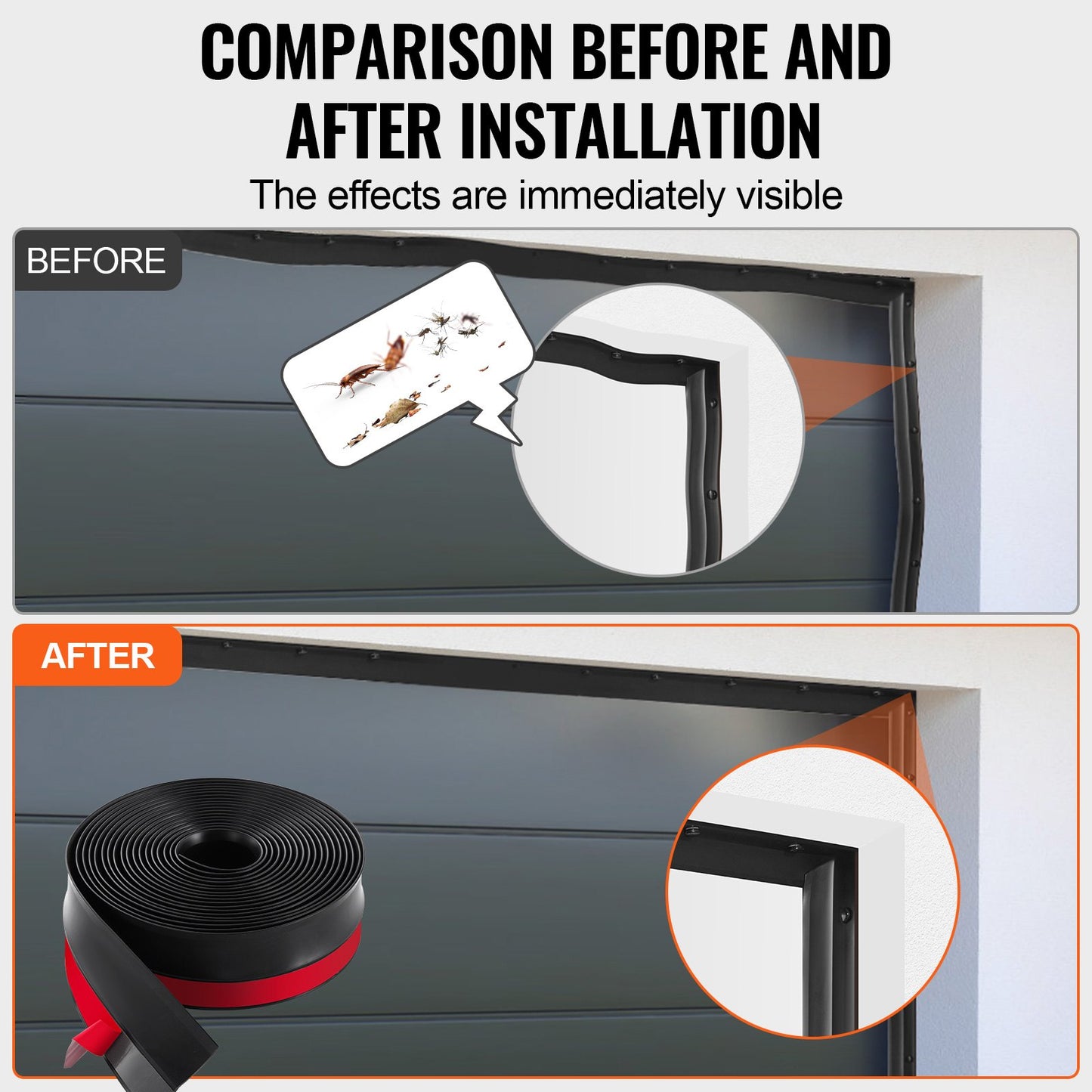 Garageportstätning för ovansida och sidor, 6 meter universell vädertätningslist, mjuk och hård komposit, väderbeständiga garageportstätningar av TPE med självhäftande baksida och skruvar, svart