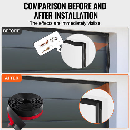 Garageportstätning för ovansida och sidor, 6 meter universell vädertätningslist, mjuk och hård komposit, väderbeständiga garageportstätningar av TPE med självhäftande baksida och skruvar, svart
