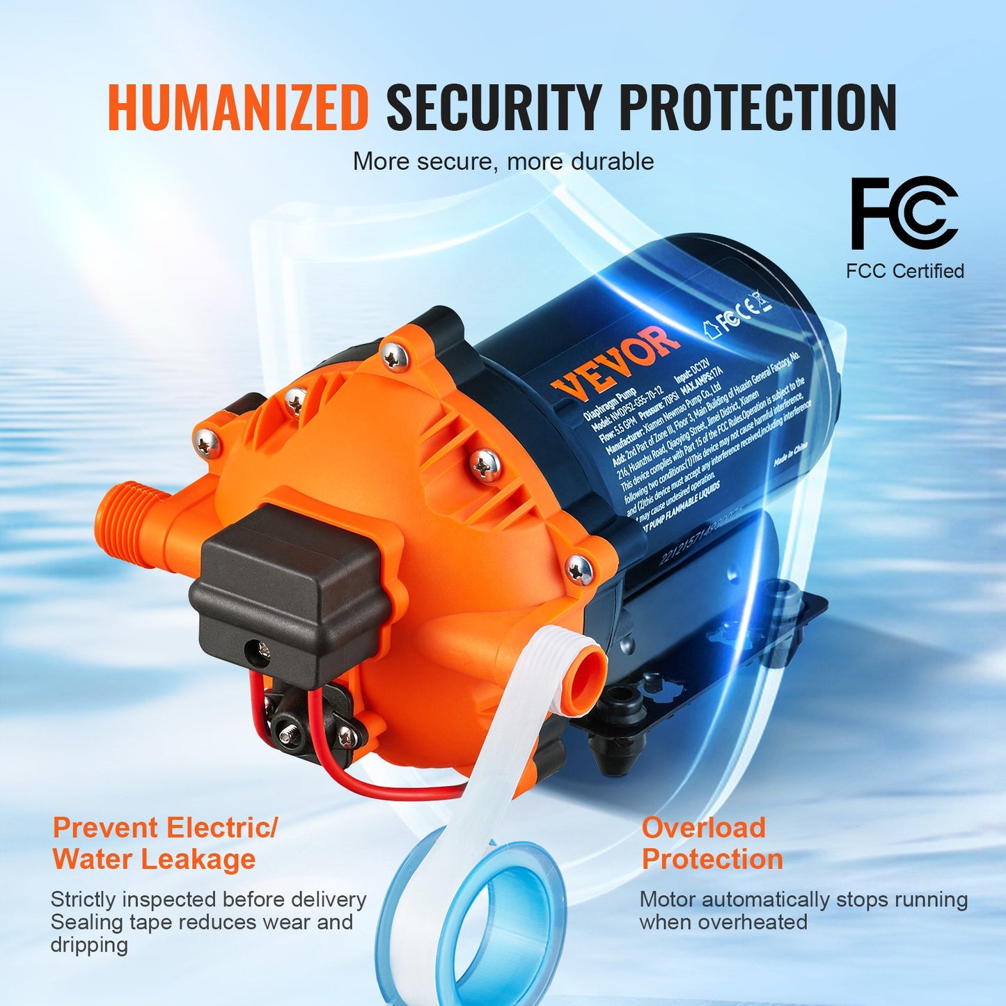 Water Diaphragm Pump, 12V DC, 5.5 GPM Flow, 70 PSI Rated Pressure (40-100 PSI Adjustable), 1/2" MNPT Self Priming Sprayer Pump with Pressure Switch for RV Camper Marine Boat Lawn, FCC Certified