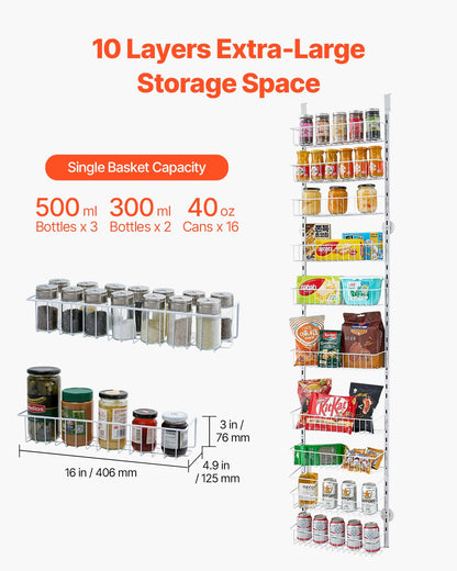 Skafferiorganisatör över dörren, skafferiorganisation och förvaring i 10 våningar, kraftig hängande kryddhylla i stål, justerbara vägghyllor för kryddor, för kök, tvättstuga, badrum, vit