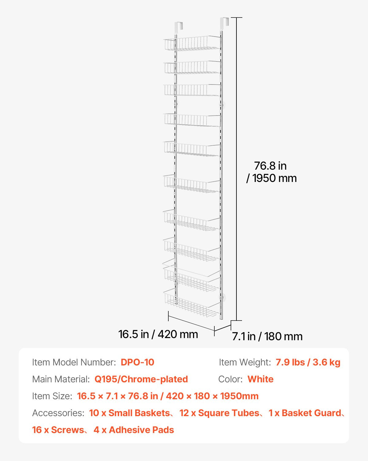 Skafferiorganisatör över dörren, skafferiorganisation och förvaring i 10 våningar, kraftig hängande kryddhylla i stål, justerbara vägghyllor för kryddor, för kök, tvättstuga, badrum, vit