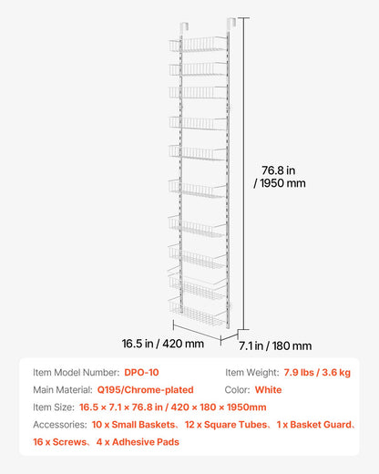 Skafferiorganisatör över dörren, skafferiorganisation och förvaring i 10 våningar, kraftig hängande kryddhylla i stål, justerbara vägghyllor för kryddor, för kök, tvättstuga, badrum, vit