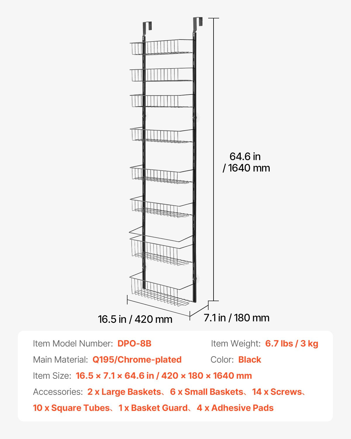 Skafferiorganisatör över dörren, skafferiorganisation och förvaring med 8 våningar, kraftig hängande kryddhylla i stål, justerbara vägghyllor för kryddor, för kök, tvättstuga, badrum, svart