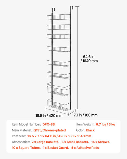 Skafferiorganisatör över dörren, skafferiorganisation och förvaring med 8 våningar, kraftig hängande kryddhylla i stål, justerbara vägghyllor för kryddor, för kök, tvättstuga, badrum, svart
