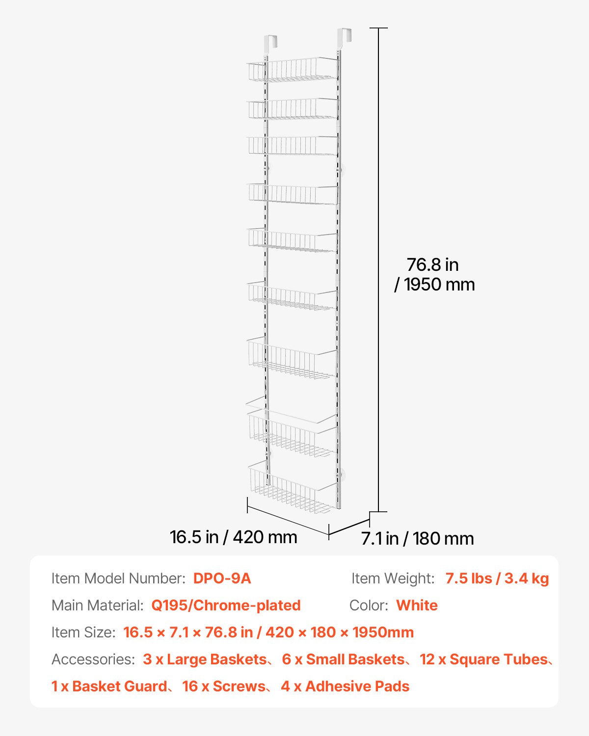 Skafferiorganisatör över dörren, 9-våningars skafferiorganisation och förvaring, kraftig hängande kryddhylla i stål, justerbara vägghyllor för kryddor, för kök, tvättstuga, badrum, vit