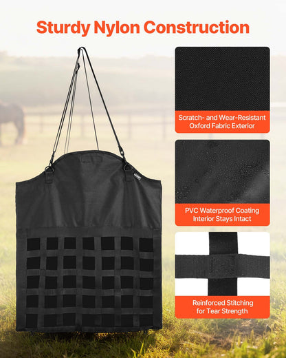 Hay Bag for Horses, 55 x 18.5 x 64 cm, 46 x 46 mm Holes, Premium Nylon Construction with PVC Waterproof Coating, Adjustable Hanging Straps and Metal Hooks, Slow Feed Hay Bag for Horses