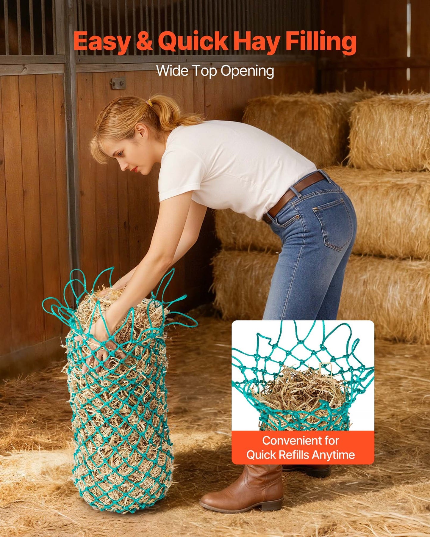 Hay Nets for Horses, 4PCS, 0.9 m Extended Length, 38 x 38 mm Holes, PE Material, with Four Carabiner Hooks, Hanging Slow Feed Hay Nets for Horses, Sheep, Cattle, Alpacas, and Livestock
