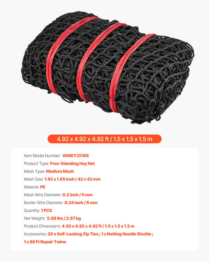 Round Bale Hay Net, 1.5 x 1.5 x 1.5 m, 42 x 42 mm Holes, PE Material, Knotless Design, with Self-Locking Zip Ties, Needle Shuttle, and Repair Twine, Slow Feeder Round Bale Net for Horses