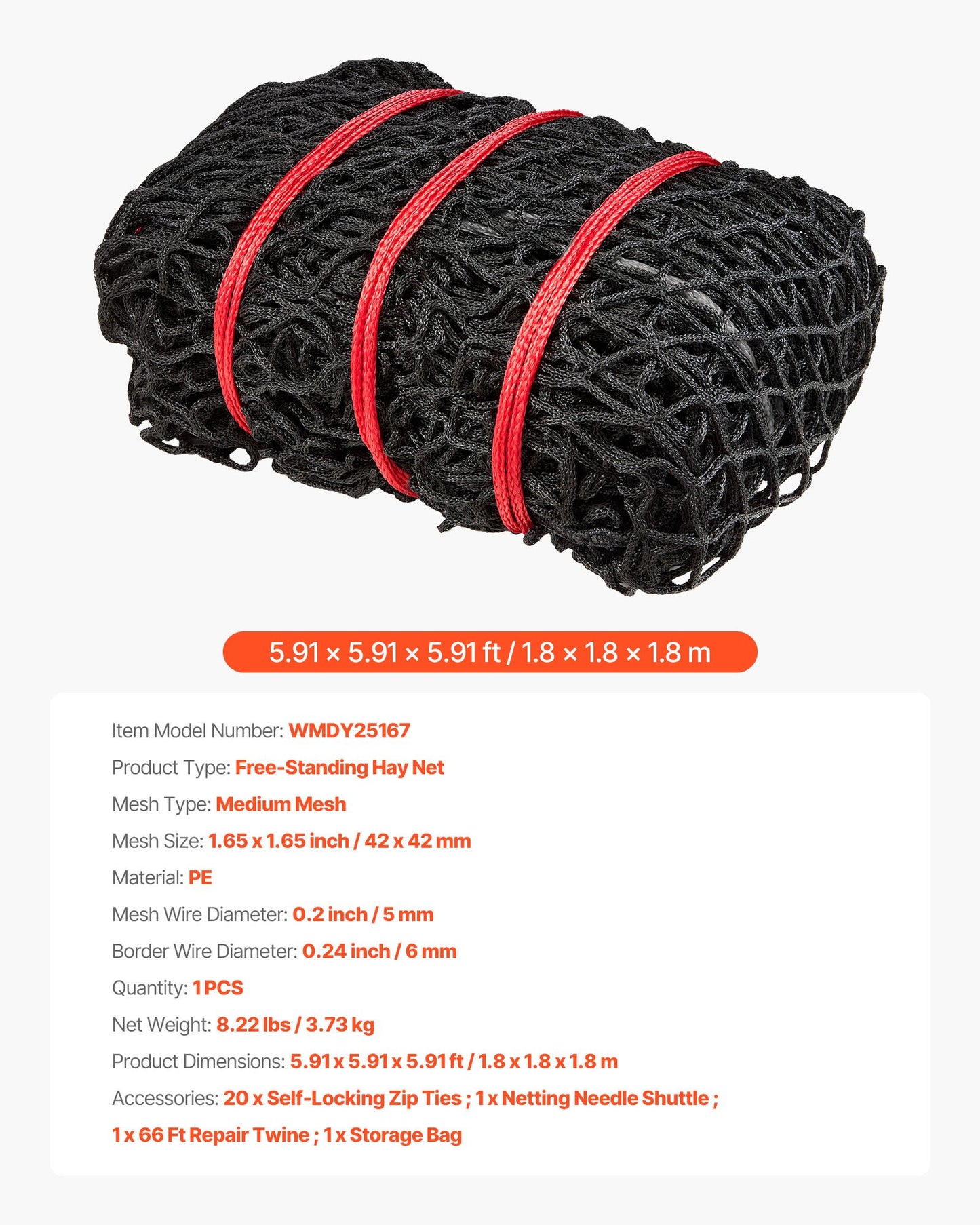 Round Bale Hay Net, 1.8 x 1.8 x 1.8 m, 42 x 42 mm Holes, PE Material, Knotless Design, with Zip Ties, Needle Shuttle, Repair Twine and Storage Bag, Slow Feeder Round Bale Net for Horses