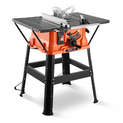 Table Saw with Stand, 254 mm, 1800W Portable Compact Tablesaw, 200 mm Max Rip Capacity, 4800RPM Cutting Speed, with 24 Teeth Saw Blade, Sliding Miter Gauge, for Woodworking & Furniture Making