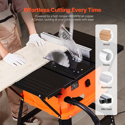 Table Saw with Stand, 254 mm, 1800W Portable Compact Tablesaw, 200 mm Max Rip Capacity, 4800RPM Cutting Speed, with 24 Teeth Saw Blade, Sliding Miter Gauge, for Woodworking & Furniture Making
