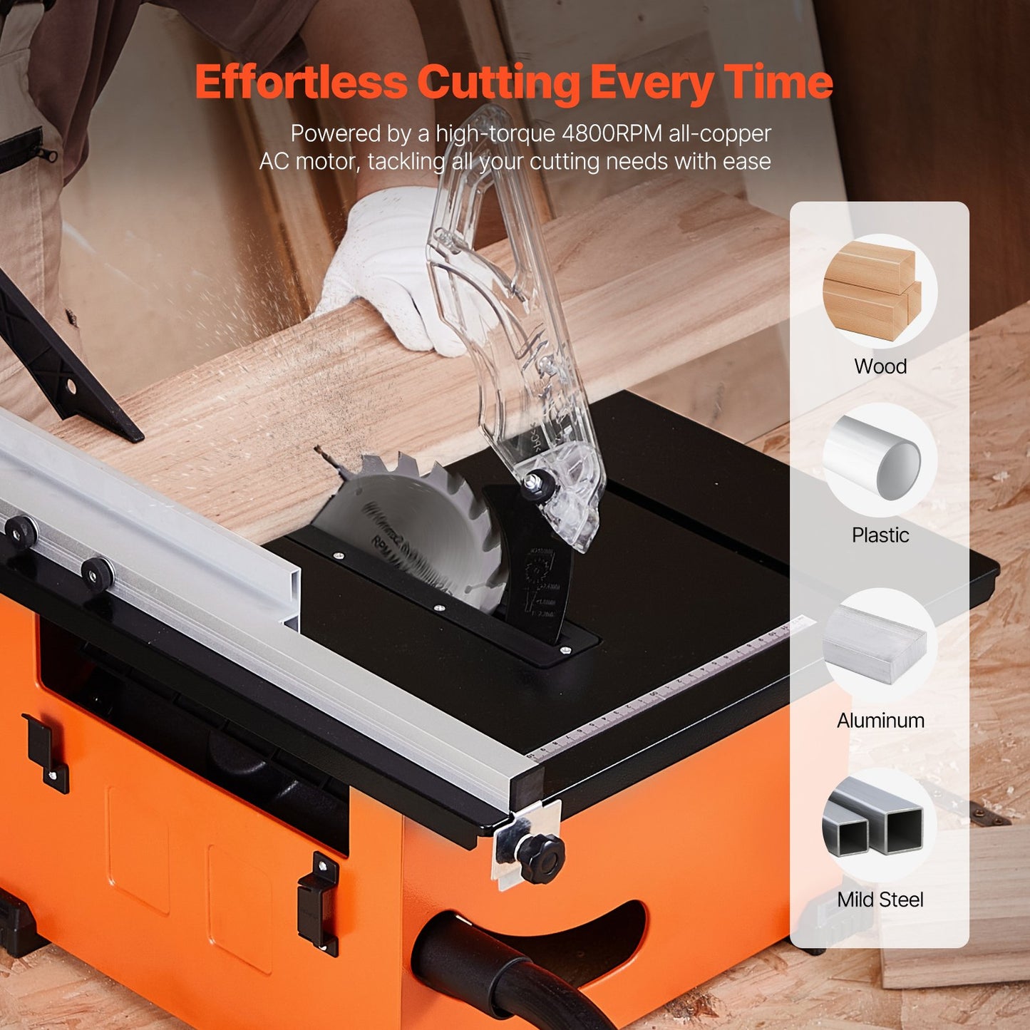 Bordsåg för arbetsplatsen, 210 mm, 1200 W bärbar kompakt bordsåg, 225 mm max. klyvkapacitet, 4800 varv/min skärhastighet, med 24 tänder sågblad, glidande geringsmått, för gör-det-själv träbearbetning och möbeltillverkning
