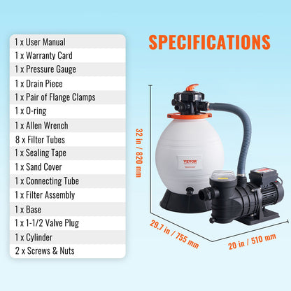 Sandfilterpump för ovanmarkspooler, 400 mm/16 tum, 18 000 l/h, 850 W simbassängpumpar och filterkombination med 6-vägs flerportsventil och silkorg, för hushålls- och kommersiella pooler