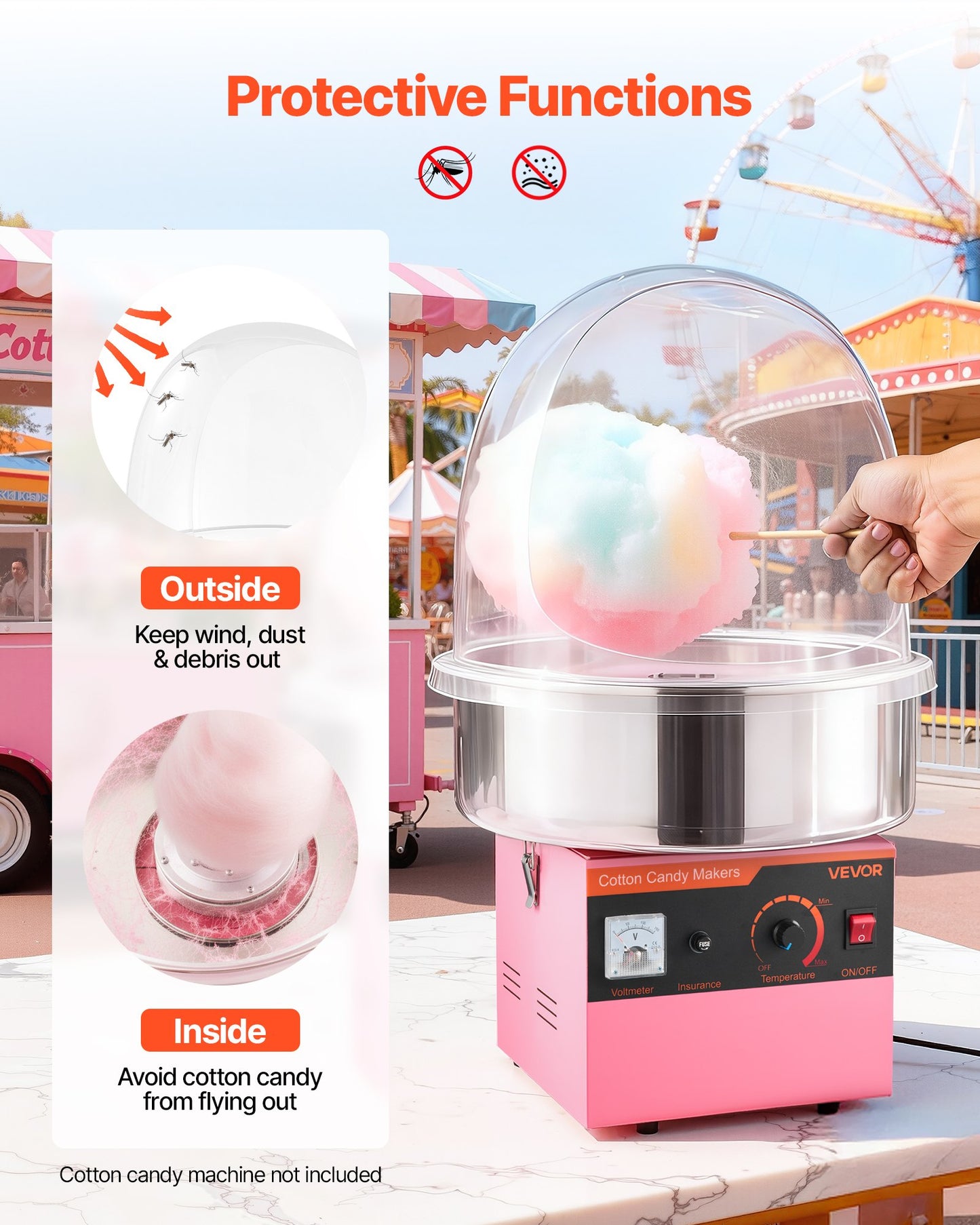 Cotton Candy Machine Cover, Transparent Acrylic Dome Bubble Shield, Cotton Candy Machine Bubble Shield Compatible with 381mm Cottons Candies Machines Bowl for Party, Shops, Bottom Groove Design