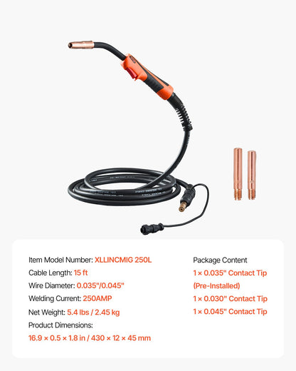 250Amp Mig Welding Gun with 15FT Cable, Compatible with LincoIn Power MlG 200, 215, 216, 255 and Wire-Matic 255 Welders, Suitable for 0.035" and 0.045" Welding Wires