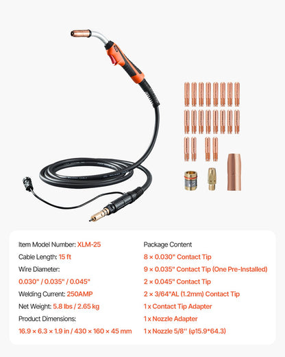 250Amp Mig Welding Gun with 15FT Cable, Compatible with Millermatic 200, 210, 212, 250, 250X, 251, 252 Welders, Suitable for 0.030", 0.035" and 0.045" Welding Wires