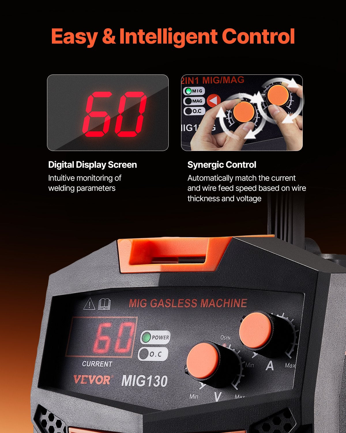 MIG Welder, 130Amp Synergic Mig Welding Machine, Gasless Flux Core Welder Machine, Portable Mig Welder with IGBT Inverter Technology and Digital Display Screen