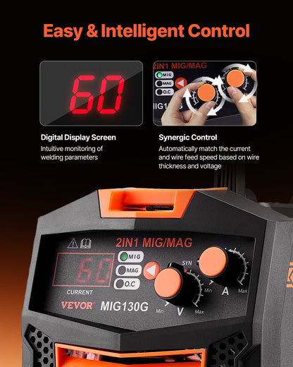 MIG Welder, 130A Synergic Mig Welding Machine, 2-in-1 Gas MIG/Gasless Flux Core MIG Multi-Process Welder Machine, Portable Mig Welder with IGBT Inverter Technology & Digital Display Screen