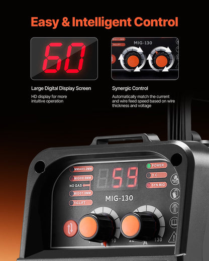 MIG Welder, 130Amp Synergic Mig Welding Machine, 3-in-1 Flux Core MIG/Stick/Lift TIG Multi-Process Welder Machine, Portable Mig Welder with IGBT Inverter Technology & Digital Display Screen