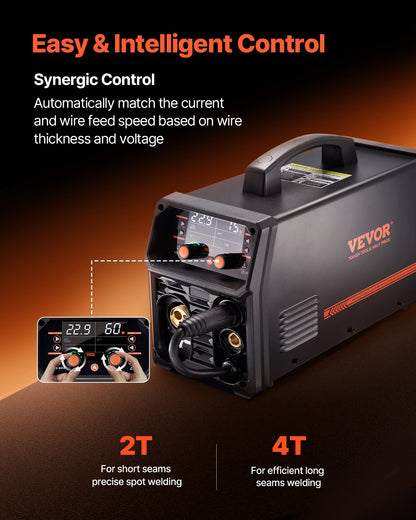 Pro MIG Welder, 200Amp Pluse Mig Welding Machine, 5-in-1 Synergic Welder Machine MIG Pluse/Gas MIG/Flux Core MIG/Stick/Lift TIG with IGBT Inverter Technology and LCD Screen Display