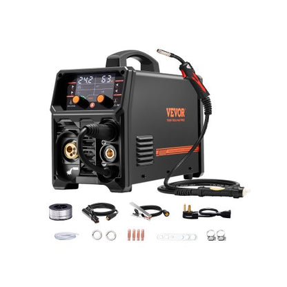 Pro MIG-svets, 250 Amp Pluse MIG-svetsmaskin, 5-i-1 synergisk svetsmaskin MIG Pluse/Gas MIG/Flux Core MIG/Stick/Lift TIG med IGBT-inverterteknik och LCD-skärm