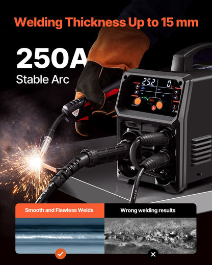 Pro MIG-svets, 250 Amp Pluse MIG-svetsmaskin, 5-i-1 synergisk svetsmaskin MIG Pluse/Gas MIG/Flux Core MIG/Stick/Lift TIG med IGBT-inverterteknik och LCD-skärm
