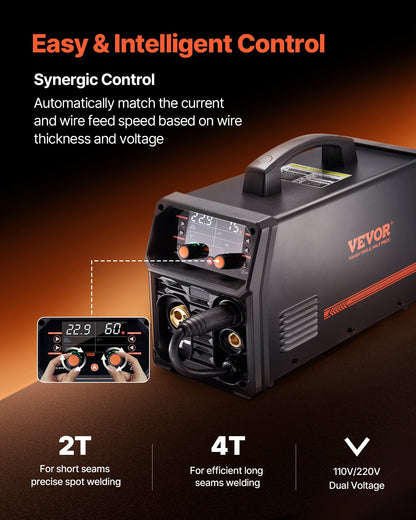 Pro MIG-svets, 250 Amp Pluse MIG-svetsmaskin, 5-i-1 synergisk svetsmaskin MIG Pluse/Gas MIG/Flux Core MIG/Stick/Lift TIG med IGBT-inverterteknik och LCD-skärm