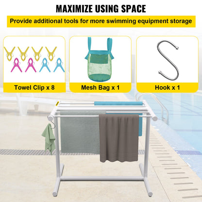 Pool Towel Rack, 5 Bar, White, Freestanding Outdoor PVC T-Shape Poolside Storage Organizer, Include 8 Towel Clips, Mesh Bag, Hook, Also Stores Floats and Paddles, for Beach, Swimming Pool, Home