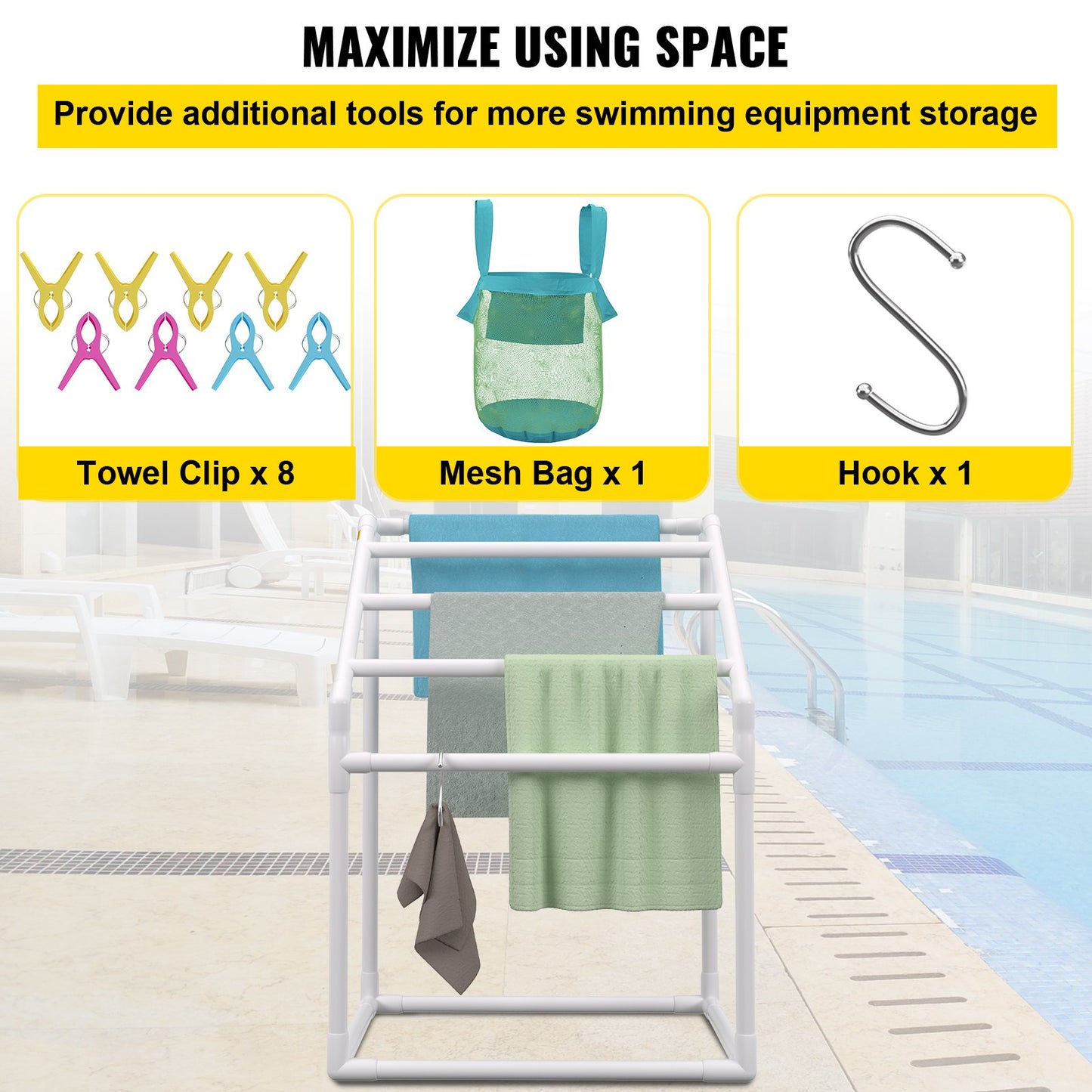 Pool Towel Rack, 5 Bar, White, Freestanding Outdoor PVC Trapedozal Poolside Storage Organizer, Include 8 Towel Clips, Mesh Bag, Hook, Also Stores Floats and Paddles, for Beach, Swimming Pool