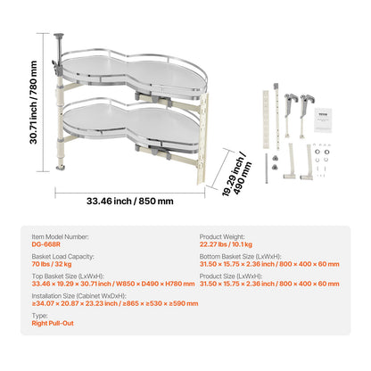 Swing Right Blind Corner Cabinet, Pull Out Organizer for 36 inch Width Blind Cabinet, 2 Tier Height Adjustable Swing Tray, Soft Close Kitchen Cloud Blind Organizer, Right Open