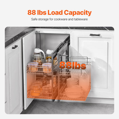Minsta öppning 15" bred, utdragbar hörnorganisatör, köksskåpsorganisatör med 2 våningar och 4 hyllor, förvaringskorg i kromat kolstål, utdragbar förvaringsorganisatör, kompatibel med vänster- och högeröppning
