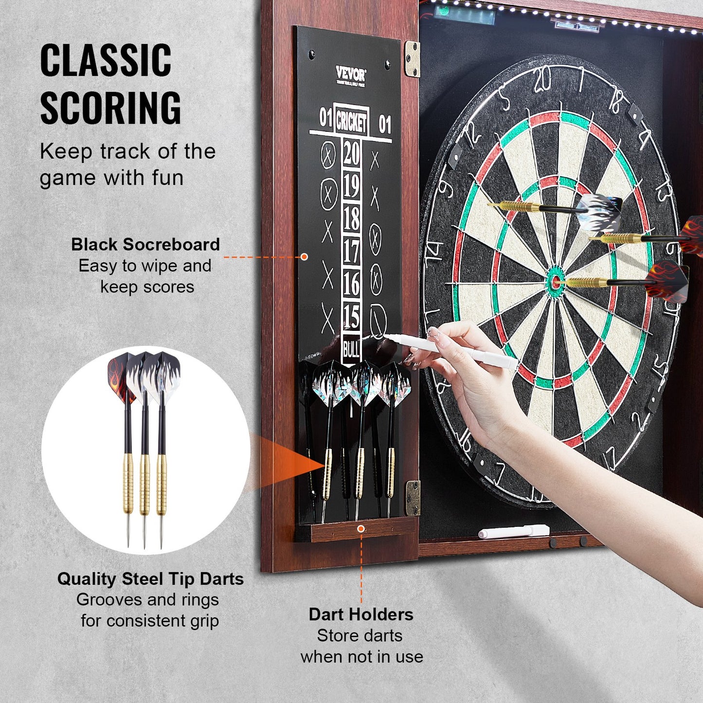 Dartboard and Cabinet Set, Ready-to-Play Bundle Official Size Dartboard Cabinet, Steel Tip Dart Hideaway Cabinet, Features LED Light, Easy Assembly, Complete with All Accessory, for Cricket Game