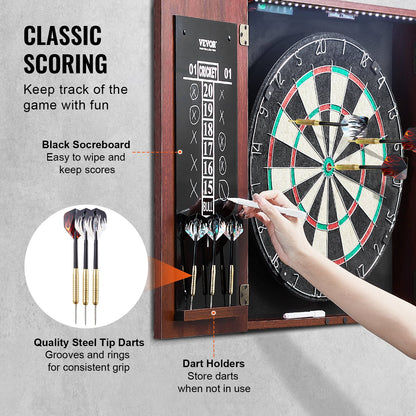 Dartboard and Cabinet Set, Ready-to-Play Bundle Official Size Dartboard Cabinet, Steel Tip Dart Hideaway Cabinet, Features LED Light, Easy Assembly, Complete with All Accessory, for Cricket Game