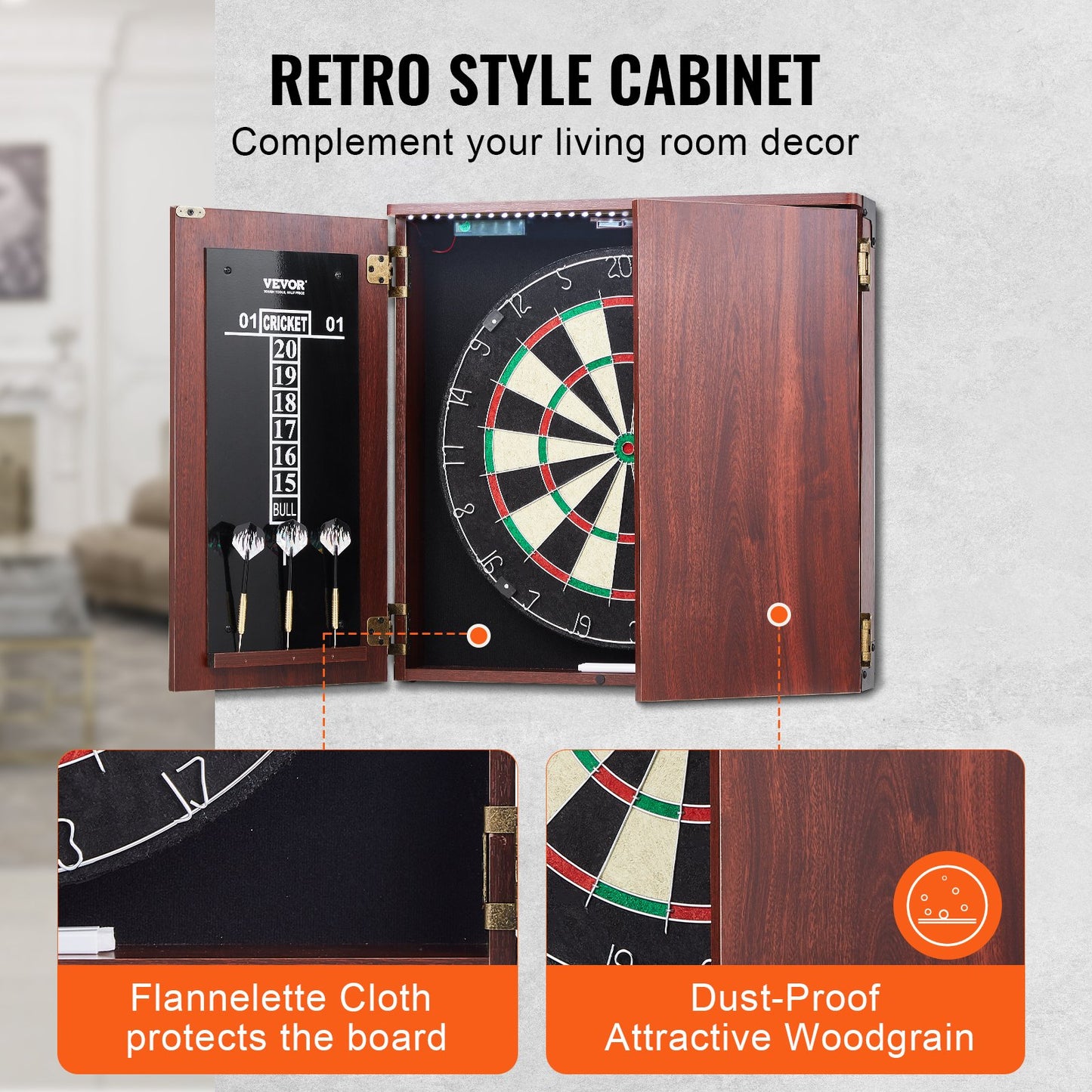 Dartboard and Cabinet Set, Ready-to-Play Bundle Official Size Dartboard Cabinet, Steel Tip Dart Hideaway Cabinet, Features LED Light, Easy Assembly, Complete with All Accessory, for Cricket Game