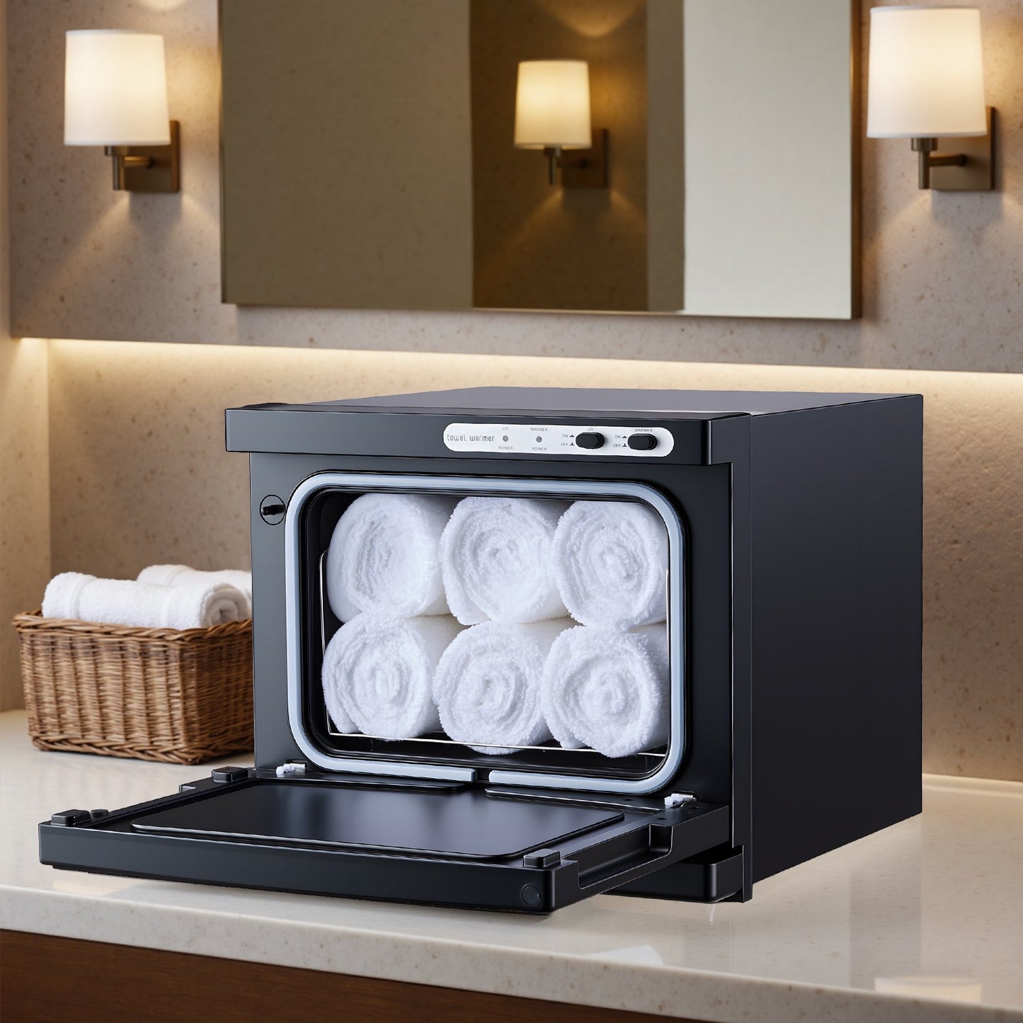 Handduksvärmare, 8L liten handduksvärmare med klämma och ställ i rostfritt stål, rymmer 12 handdukar, bärbar allround värmeskåp för spa, barberare, manikyr, massage, salong, svart