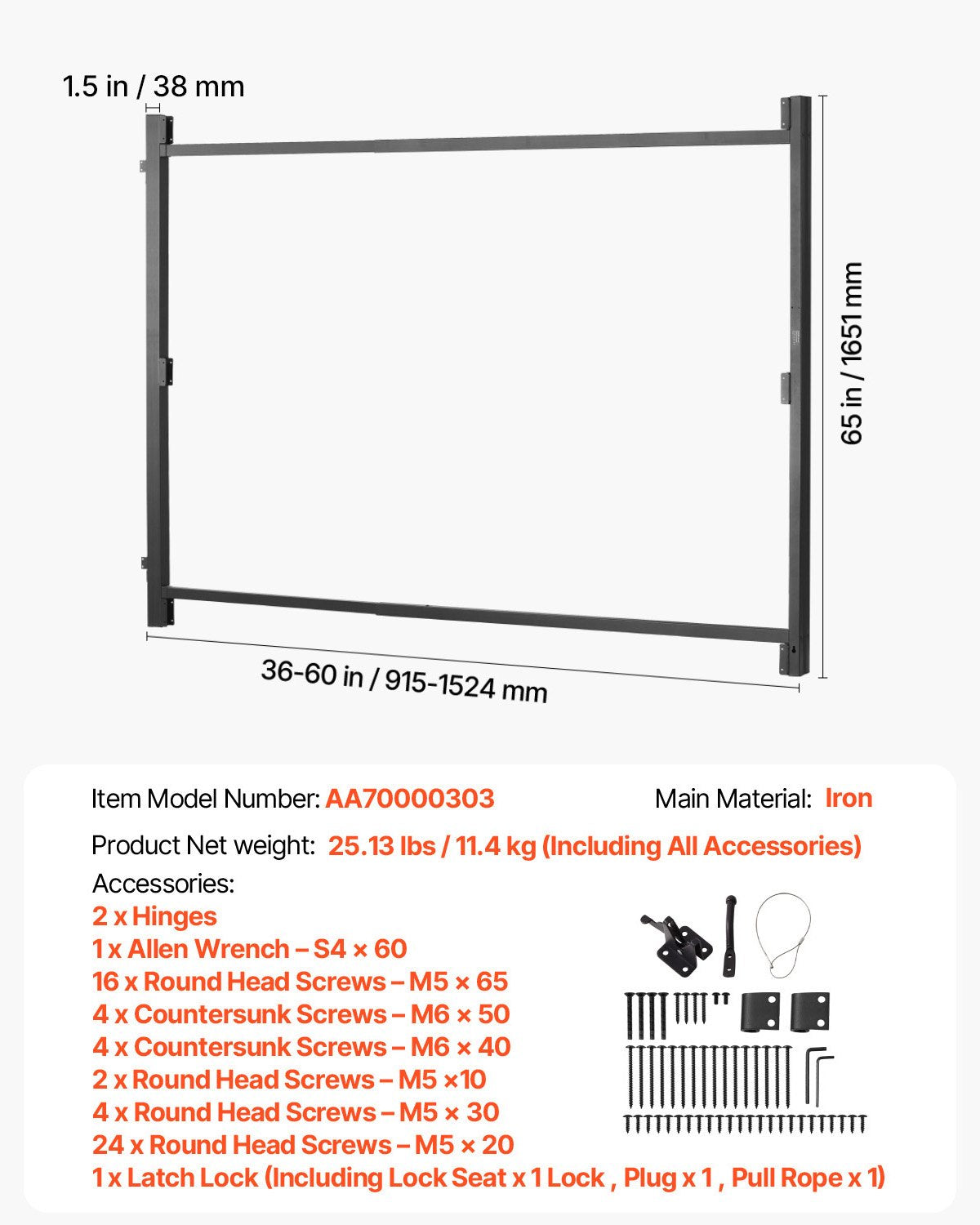 Gate Building Kit, Fits 36 to 60 in Wide Openings, Up from 6 to 7 ft High Fence, Adjustable Gate Building Kit, Anti Sag Full Gate Frame Kit with Latch Lock and Screws, for Wooden Fence, Iron