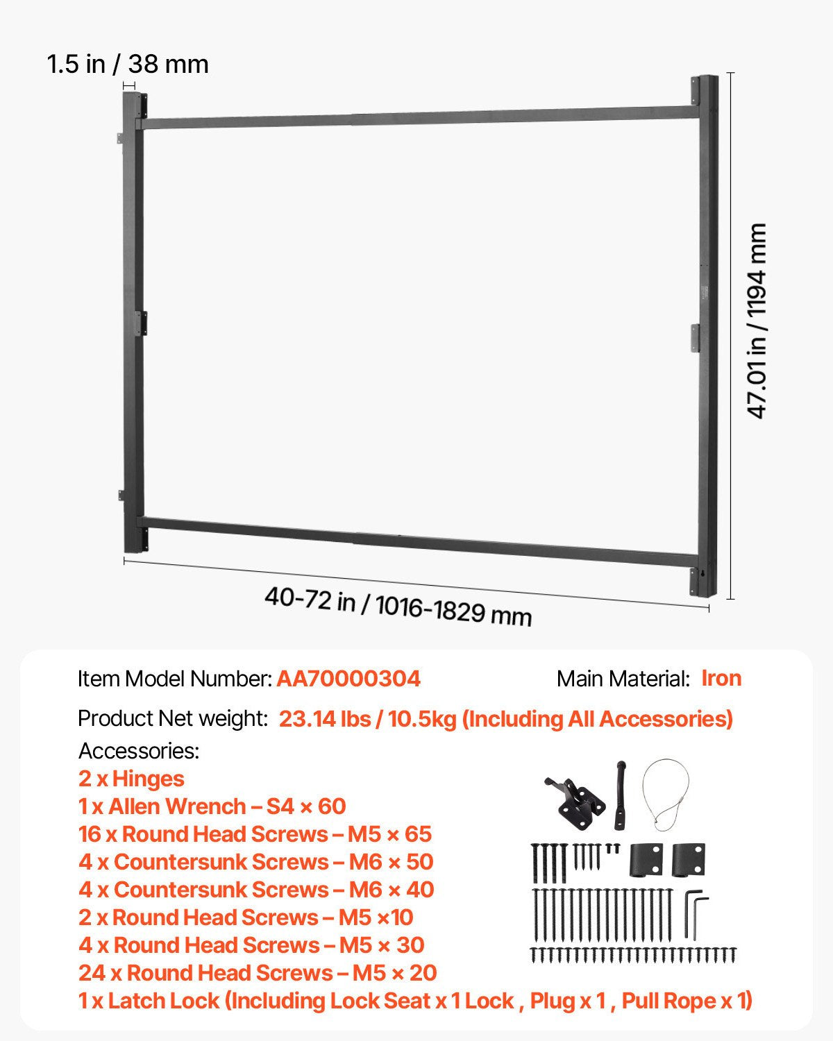 Gate Building Kit, Fits 40 to 72 in Wide Openings, Up from 4 to 5 ft High Fence, Adjustable Gate Building Kit, Anti Sag Full Gate Frame Kit with Latch Lock and Screws, for Wooden Fence, Iron