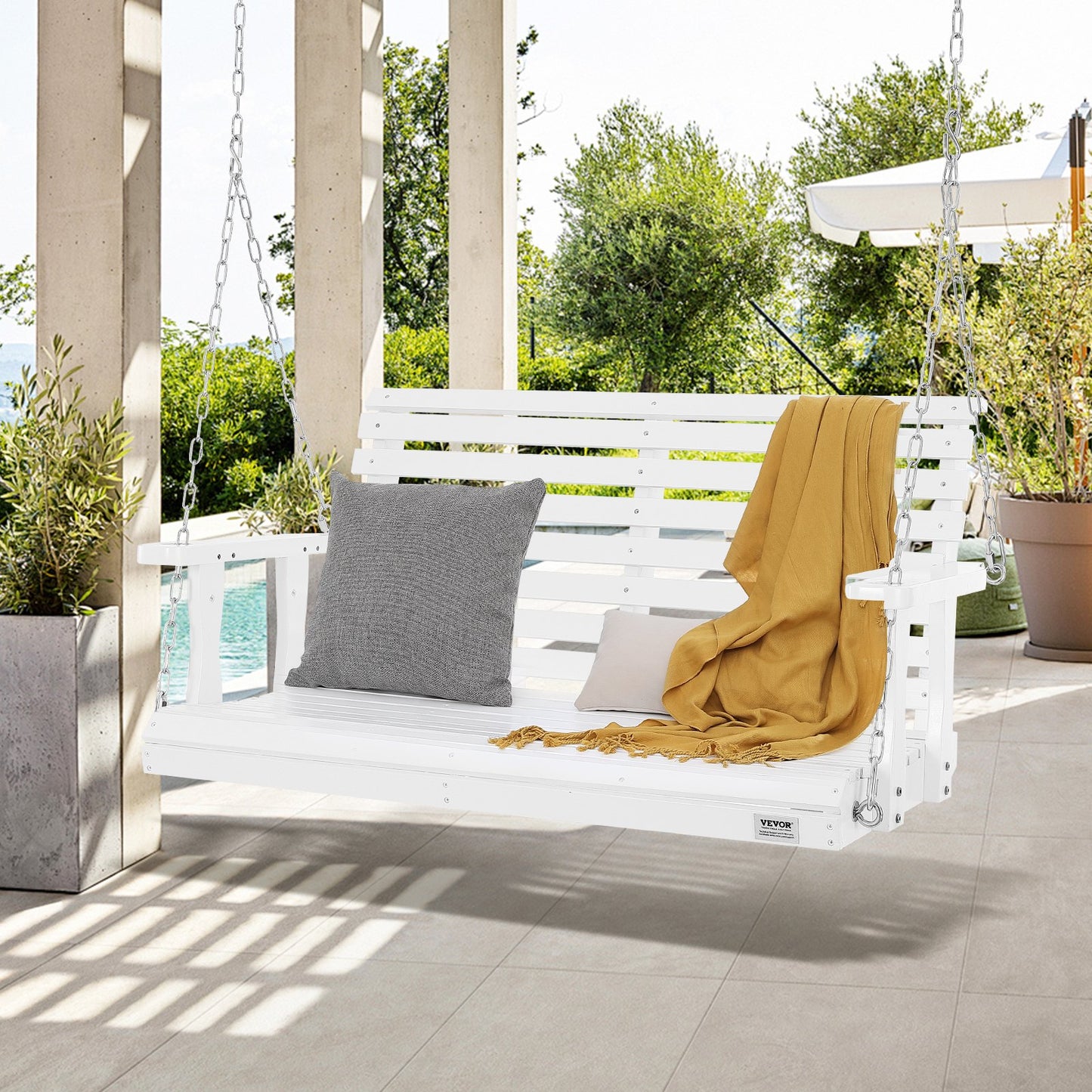 Träverandagunga 1,2 meter, uteplatsgunga för innergård och trädgård, uppgraderad 380 kg stark lastkapacitet, kraftig gungbänk med hängande kedjor för utomhusbruk, vit
