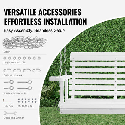 Trägunga för veranda, 1,5 m, uteplatsgunga för innergård och trädgård, uppgraderad 380 kg stark lastkapacitet, kraftig gungbänk med hängande kedjor för utomhusbruk, vit