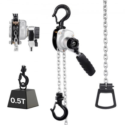 Manual Lever Chain Hoist, 1/2T 500KG Capacity Heavy Duty Come Along, 6M Lift G80 Alloy Steel Chain With Dual Pawl Mechanical Brake, 360° Rotating Hooks, for Warehouse Construction Garage