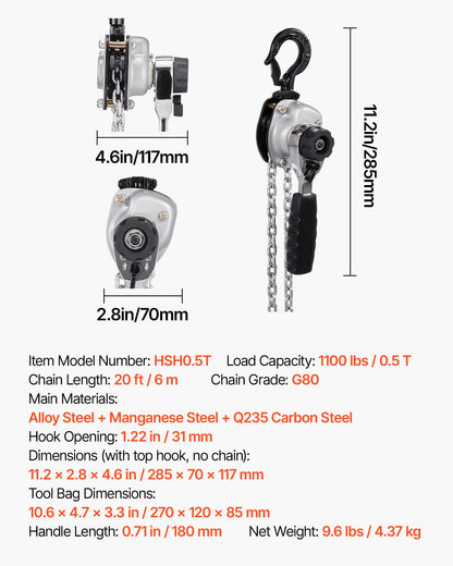 Manual Lever Chain Hoist, 1/2T 500KG Capacity Heavy Duty Come Along, 6M Lift G80 Alloy Steel Chain With Dual Pawl Mechanical Brake, 360° Rotating Hooks, for Warehouse Construction Garage