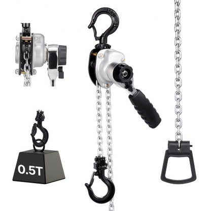 Manual Lever Chain Hoist, 1/2T 500KG Capacity Heavy Duty Come Along, 1.5M Lift G80 Alloy Steel Chain With Dual Pawl Mechanical Brake, 360° Rotating Hooks, for Warehouse Construction Garage
