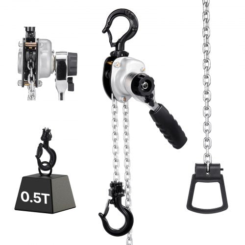 Manual Lever Chain Hoist, 1/2T 500KG Capacity Heavy Duty Come Along, 1.5M Lift G80 Alloy Steel Chain With Dual Pawl Mechanical Brake, 360° Rotating Hooks, for Warehouse Construction Garage