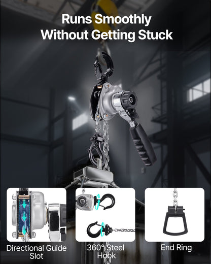 Manual Lever Chain Hoist, 1/2T 500KG Capacity Heavy Duty Come Along, 1.5M Lift G80 Alloy Steel Chain With Dual Pawl Mechanical Brake, 360° Rotating Hooks, for Warehouse Construction Garage